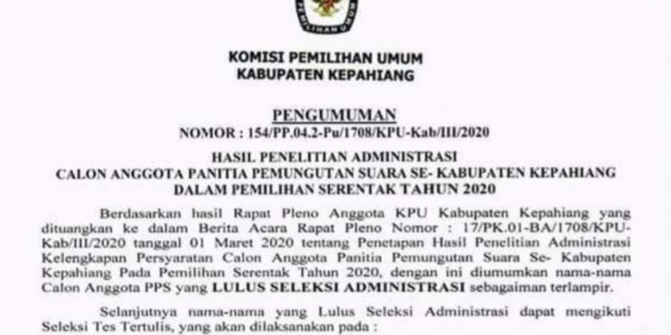 Berikut Hasil Seleksi Administrasi Calon PPS Se Kabupaten Kepahiang