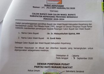 Hanura Resmi Usung Dayat-Nata di Pilkada Kepahiang 2020