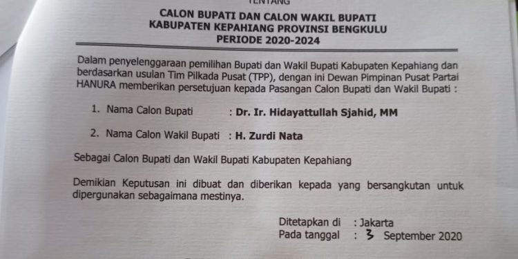 Hanura Resmi Usung Dayat-Nata di Pilkada Kepahiang 2020