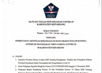 Jelang Nataru, Satgas Covid-19 Kepahiang Keluarkan Surat Edaran
