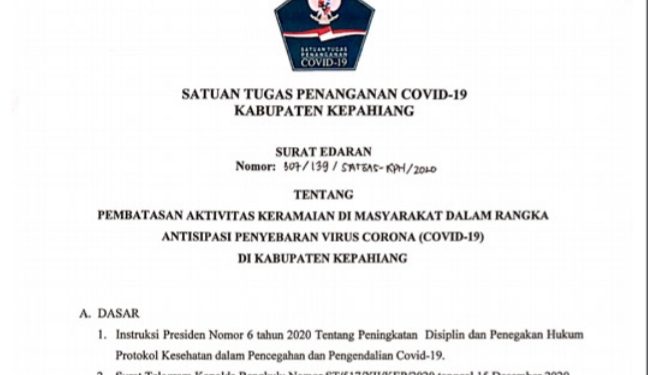 Jelang Nataru, Satgas Covid-19 Kepahiang Keluarkan Surat Edaran