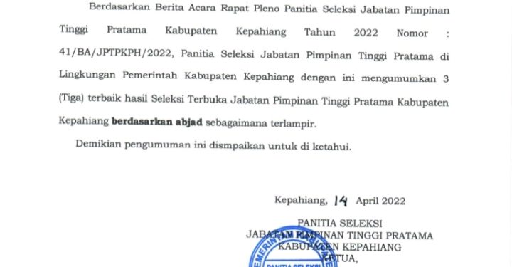 Berikut 3 Besar Hasil Seleksi JTP Pemkab Kepahiang